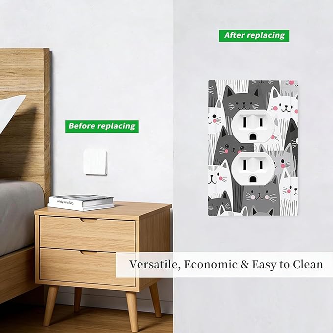 Playful Monochrome Cats with Blush Cheeks Duplex Wall Plate - 1-Gang Standard US Size Cat Lover's Fun Outlet Covers for Boys & Girls Room Decor