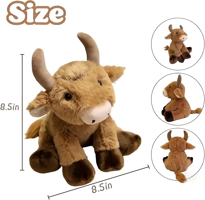 OROZCOR Bull Stuffed Animal, Cute Fluffy Cow Stuffed Animal 8.5in, Soft Longhorn Cow Plush Gifts for Kids Baby Girls Boys (Bull)