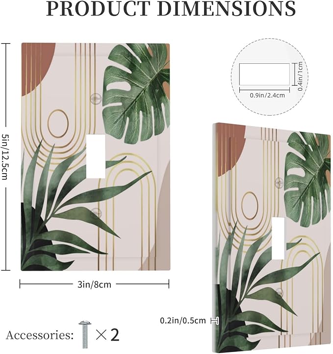 Mid Century Bohemian Modern Abstract Minimalist Boho Neutral Art Vintage Leaves Arch 1-Gang Outlet Light Switch Plate Decorative Single Toggle Face Wall Plate Electrical Receptacle Cover Large Size