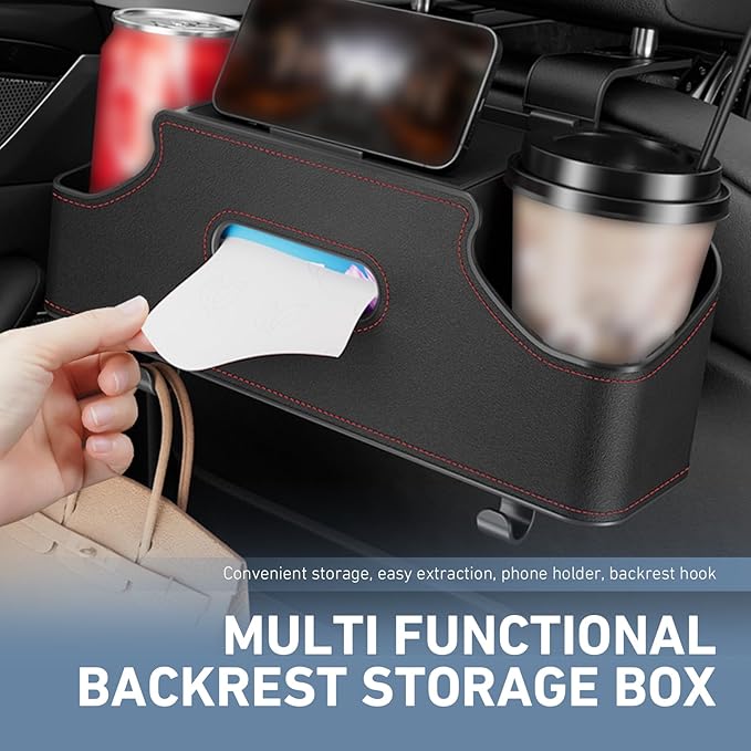 1 PC Car Seat Back Organizer, Multi-Function Tissue Storage Box with 2 Drink Cup Holders, Hanging Kids and Travel Accessories, Universal for Water Cup Phone Umbrella Bag (Black)
