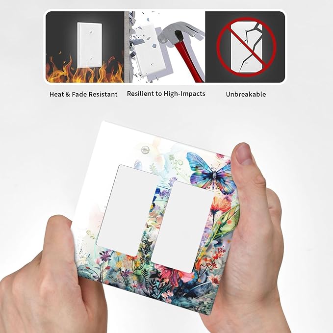 Light Switch Cover Watercolor Colorful Floral Butterflies Wildflowers 2 Gang Double Rocker Outlet Covers Decorative Switch plates Electrical Wall Plates GFCI Receptacle for Bathroom Bedroom