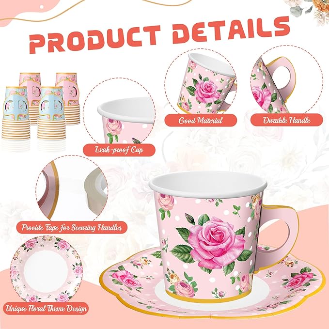 Umigy 36 Sets Mother's Day Tea Party Decorations 9 oz Floral Paper Teacups & Saucer Set for Girls Women Tea Parties Mothers Day Bridal Shower Wedding Birthday Party Decorations(Blue Pink)