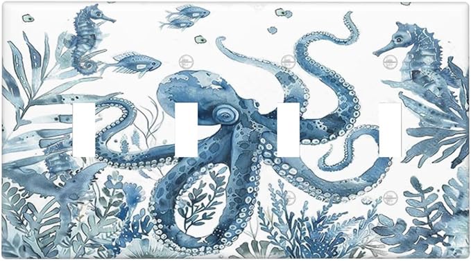 Blue Octopus Squid Seahorse Coral Watercolor Wild Sealife Light Switch Covers Quad Toggle Electrical Faceplate 4 Gang Wall Plate Decorative Switch Plates for Bathroom Kids Room Decor