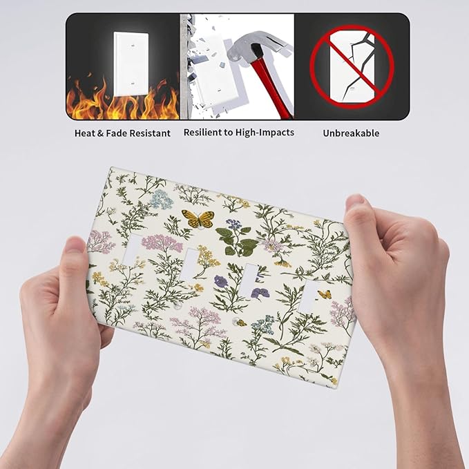 Light Switch Covers Vintage Colorful Flowers Butterfly Floral Quad Toggle Electrical Faceplate 4 Gang Wall Plate Decorative Switch Plates For Bed Room Living Room Decor