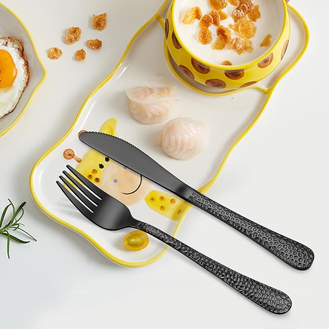 LIANYU 9-Piece Kids Black Silverware Set, Stainless Steel Toddler Utensils, Hammered Metal Flatware Cutlery Set Preschooler, Children Tableware Includes Knives Forks Spoons, Dishwasher Safe