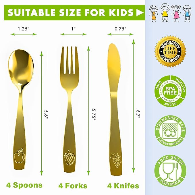 12 Piece Stainless Steel Kids Silverware Set - Child and Toddler Safe Flatware - Kids Utensil Set - Metal Kids Cutlery Set Includes 4 Small Kids Spoons, 4 Forks & 4 Knives - Gold