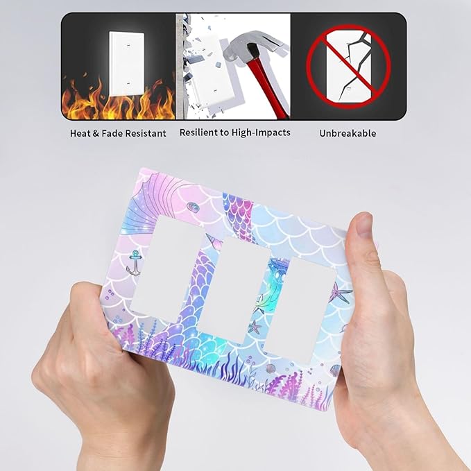 Cartoon Pink Girl Mermaid Scales Tail 3 Gang Triple Rocker/Decorator Light Switch Wall Plate Cover Decorative GFCI Electrical Faceplate Switchplate Dimmer