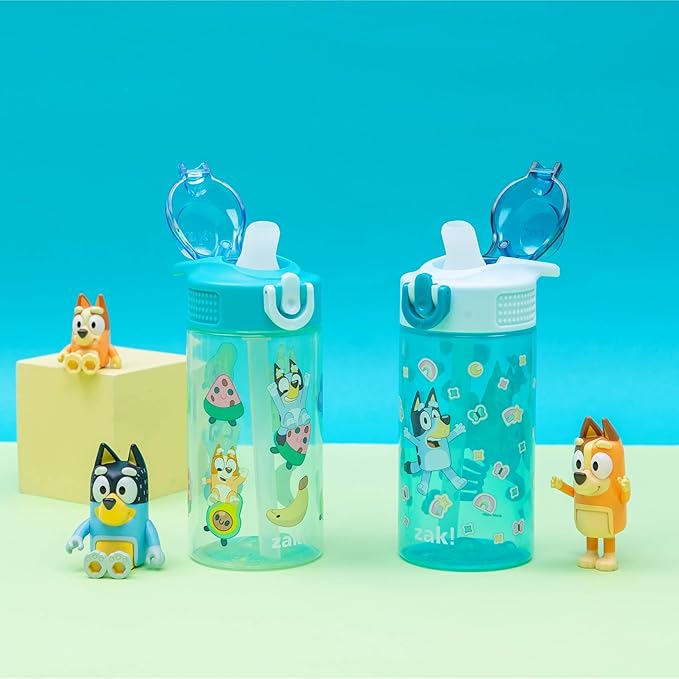 Zak Designs Bluey Sage Kids Water Bottle For School or Travel, 16oz Durable Plastic Water Bottle With Straw, Handle, and Leak-Proof, Pop-Up Spout Cover, 2-Pack Set (Bluey & Bingo)