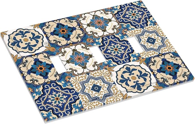 Decorative Switch Plates Mandala Decorative Tile Talavera Moroccan Tiles 3 Gang Wall Plate Faceplate Triple Toggle Light Switch Cover Electrical Wall Panels for Bedroom living Room Decor