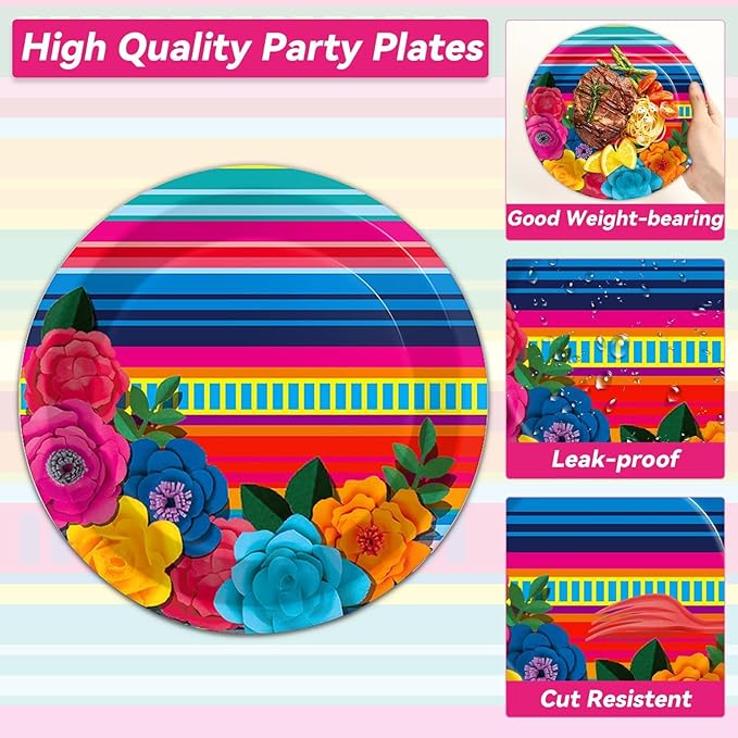 200pcs Mexican Fiesta Plates Napkins Floral Paper Tableware Set Fifth of May Serape Stripes Cake Disposable Dinnerware Pinata Mexico Taco Party Decoration for Baby Shower Birthday Supplies Serves 50
