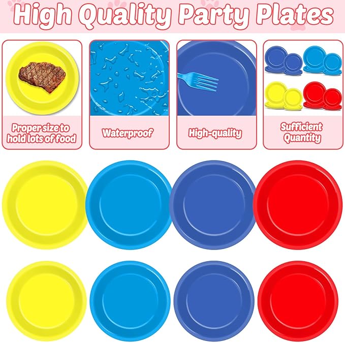 96Pcs Dog Birthday Party Supplies Red Yellow Blue Paper Plates and Napkins Birthday Decorations Puppy Paw Disposable Tableware Set for Kids Colorful Puppy Dog Baby Shower Party Decorations Serves 24