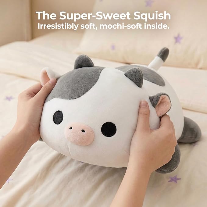 Mewaii Cute Cow Plush Pillow, Kawaii Plushies White Cow Stuffed Animals, Squishy Plushies, Cuddle Plush Pillow for Kids & Girls (13 Inch)
