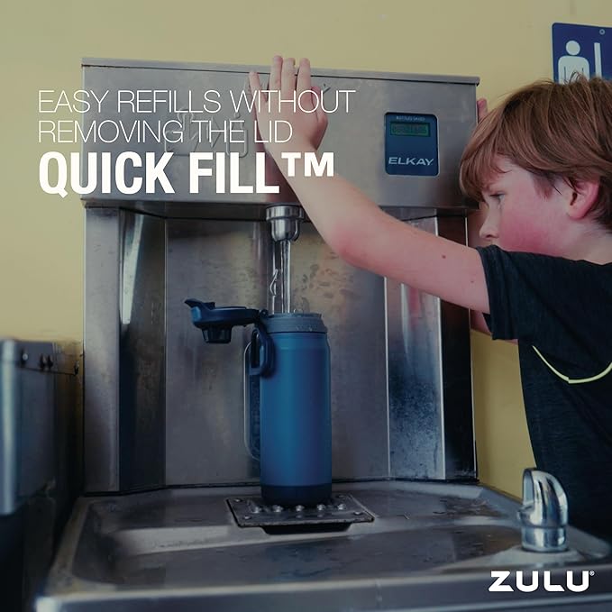 ZULU Powerfill Pro 18oz Kids Stainless Steel Water Bottle with Quick Fill Lid, Triple Wall Vacuum Insulated, Leak Proof Locking Lid, Sip & Chug, Reusable, BPA Free, Dishwasher Safe, Tonal Black