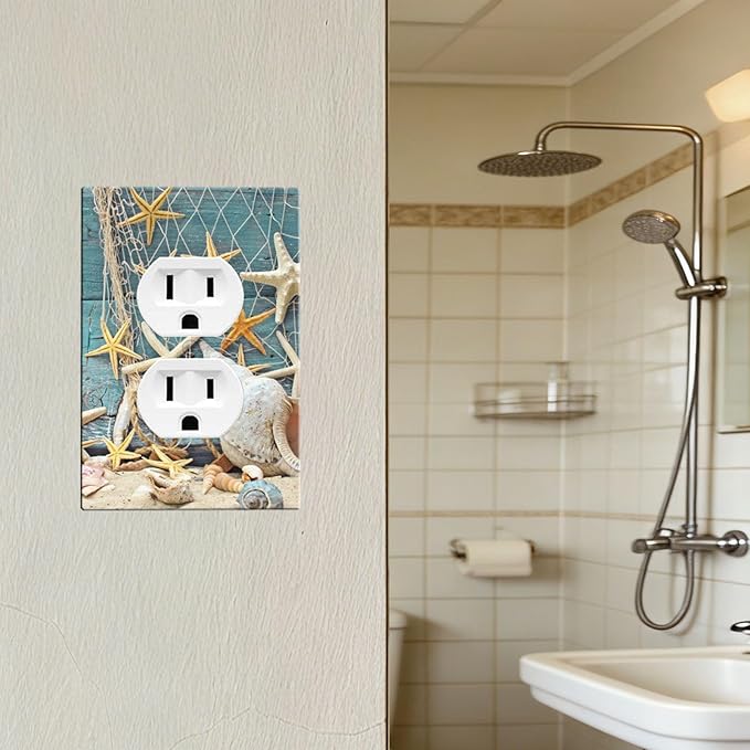 Rustic Coastal Seashell Duplex Wall Plate - 1-Gang Standard US Size Fisherman's Catch Beach Scene Outlet Covers for Bathroom Decor