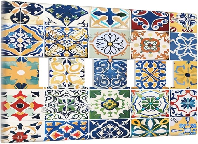 Light Switch Covers Moroccan Traditional Mexican Talavera Til Quad Toggle Electrical Faceplate 4 Gang Wall Plate Decorative Switch Plates for Kitchen Home Decor