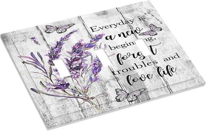 Light Switch Cover Purple Lavender Flower Butterfly on Wood Plank 3 Gang Wall Plate Triple Light Switch Plate Inspirational quotation Floral Toggle Decorative Outlet Covers Electrical Switchplate