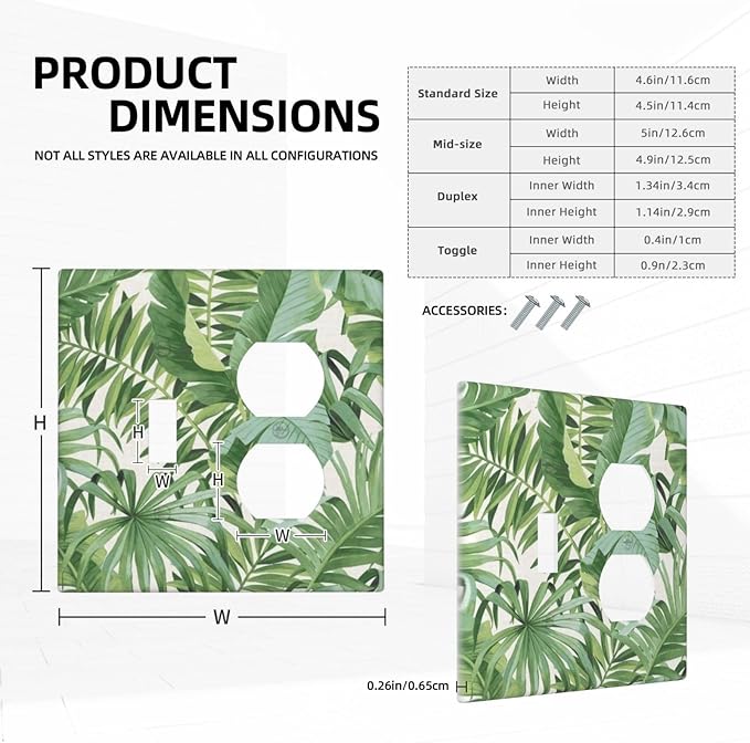 Green Tropical Palm Tree Leaf Decorative Outlet Covers 2 Gang Combination 1-Toggle 1- Duplex Light Switch Covers Summer Vibrant Vivid Leaves Electrical Two Device Single Toggle/Duplex Combo Wall Plate