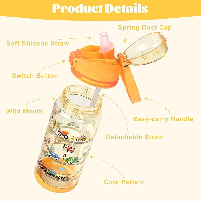 decalsweet Kids Water Bottle 20oz Durable Leak-Proof Plastic Water Cup for Kids Toddlers,With Straw Handle and Pop-Up Spout Cover,Safe for School Sports Daycare Travel & Camp