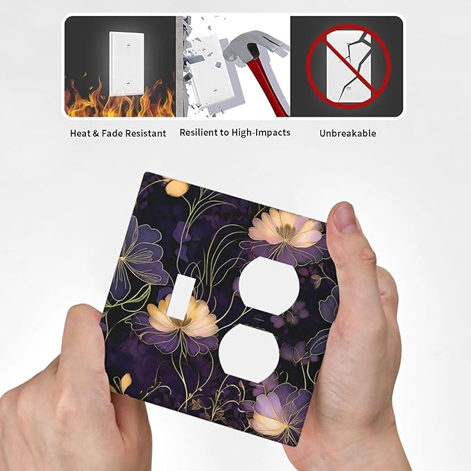 Modern Boho Vintage Gold Purple Dark Floral Modern Abstract Flowers Wallplates 1 Toggle 1 Duplex Electrical Gfci Faceplate Decorative Light Switch Covers Switch Plate for Bedroom Living Room Decor