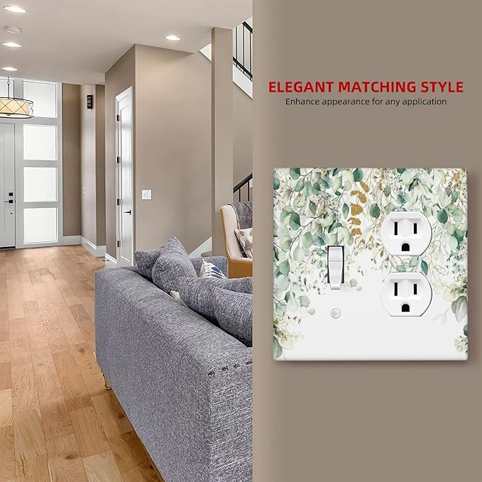 Gold Green Eucalyptus Leaves Plants Flowers Floral Wallplates 1 Toggle 1 Duplex Switch Plate Electrical GFCI Faceplate Decorative Light Switch Covers for Bedroom Living Room Decor