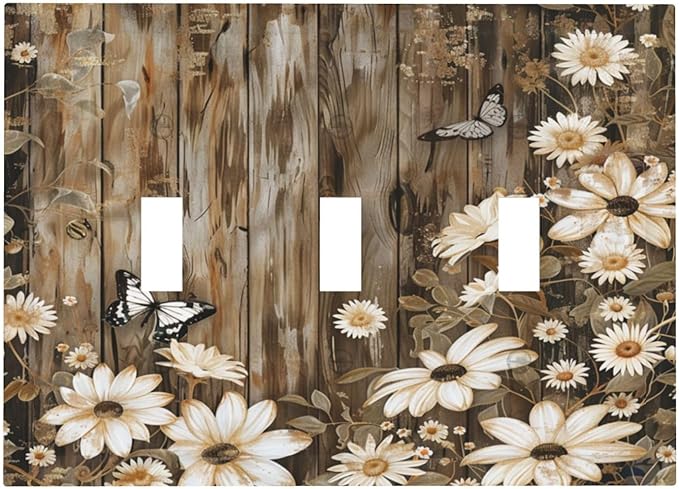 Light Switch Cover Plate Rustic Wood Butterflies Flowers Botanical 3 Gang Triple Toggle Decorative Switch Plates Wall Plates Electrical Switchplate Faceplate for Farmhouse Cabin Decor