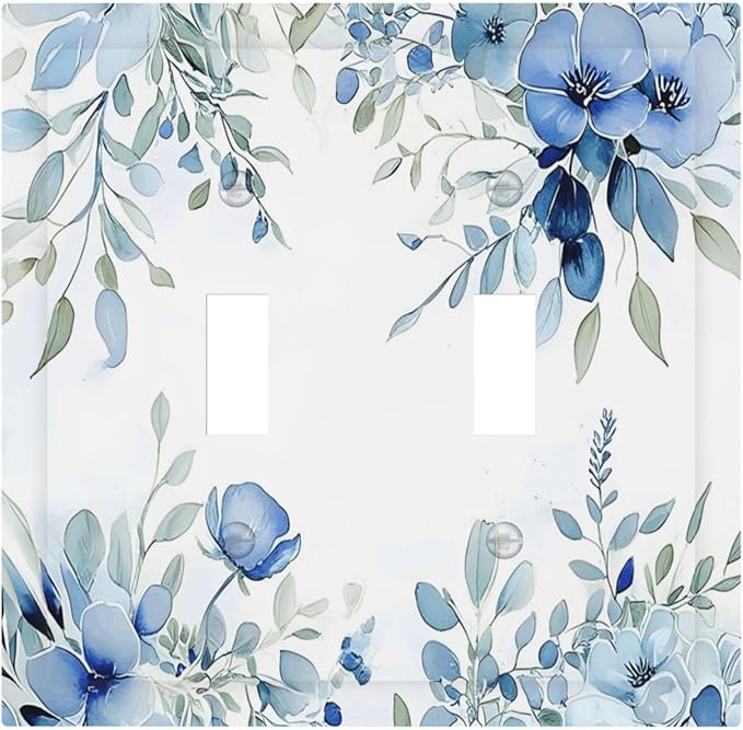 Watercolor Blue Flower Plant Floral Green Leaves Decorative Switch Plates 2 Gang Double Toggle Outlet Light Switch Cover Wall Plate Electrical Faceplate for Bedroom Living Room Decor