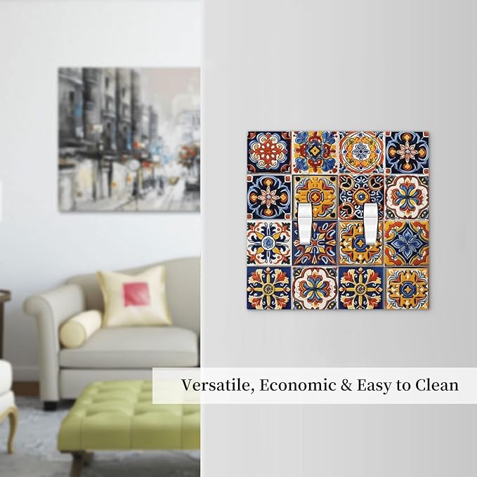 Mexican Talavera Tiles Flower Vintage Decorative Switch Plates 2 Gang Double Toggle Outlet Light Switch Cover Wall Plate Electrical Faceplate for Kitchen Bathroom Decor