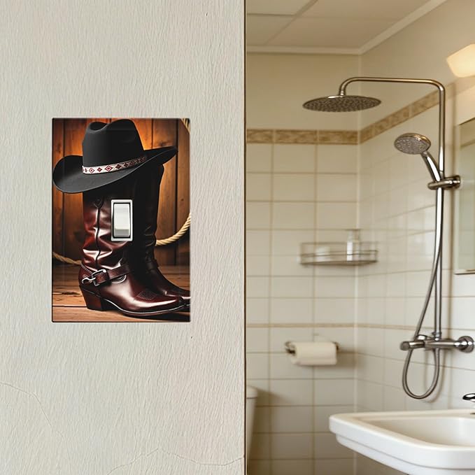 Western Cowboy Boots & Hat 1-Gang Toggle Light Switch Plate, Rustic Ranch Cowboy Decorative Wall Plate for Man Cave Bedroom Decor