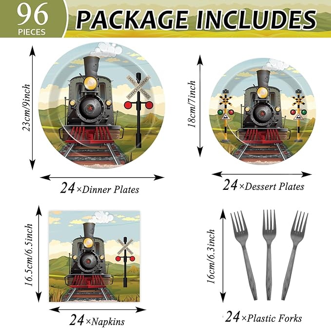 96 Pcs Train Paper Plates and Napkins Party Supplies Steam Train Birthday Disposable Tableware Set Retro Trains Transportation Party Decorations Favors for Baby Shower Dinnerware Favor Serves 24