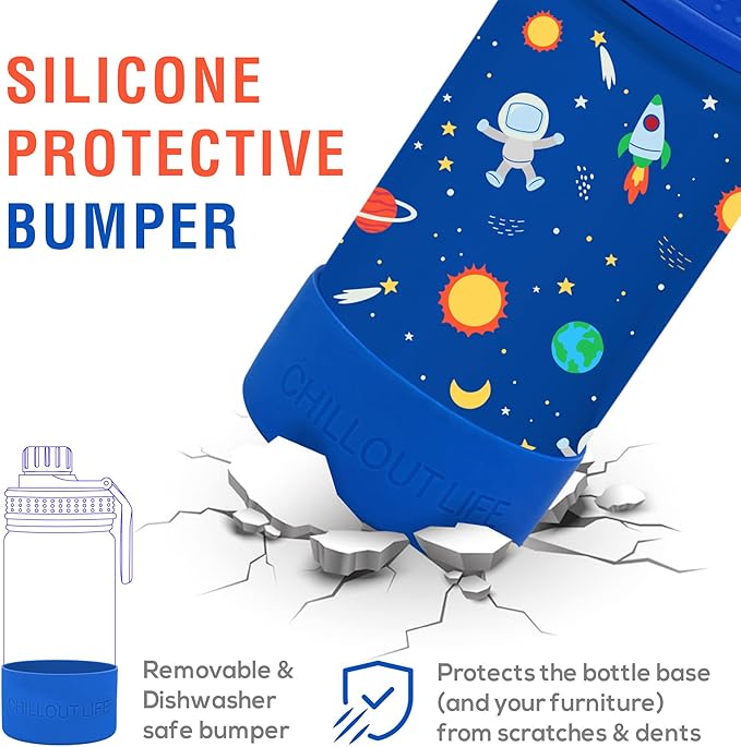 CHILLOUT LIFE 12 oz Kids Insulated Water Bottle for School with Leakproof Spout Lid and Cute Waterproof Stickers, Personalized Stainless Steel Thermos Flask Metal Water Bottle, Blue Space