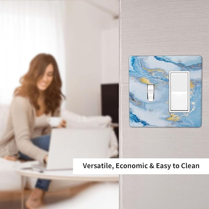 Beautiful Marble Texture Blue Gold Fluid Abstract Print Outlet Covers 1 Toggle 1 Rocker Combination Decorative Wall Plate Electrical Switch Plates Light Switch Cover Plate for Bedroom Bathroom Decor