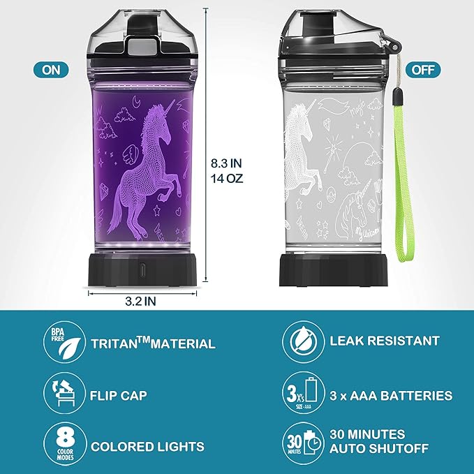 YuanDian Light Up Kids Water Bottle with 3D LED Light- 14 OZ Tritan BPA Free - 7 Color Light Cool Drinking Cups Gift for School Kids Girl Child (Unicorn)