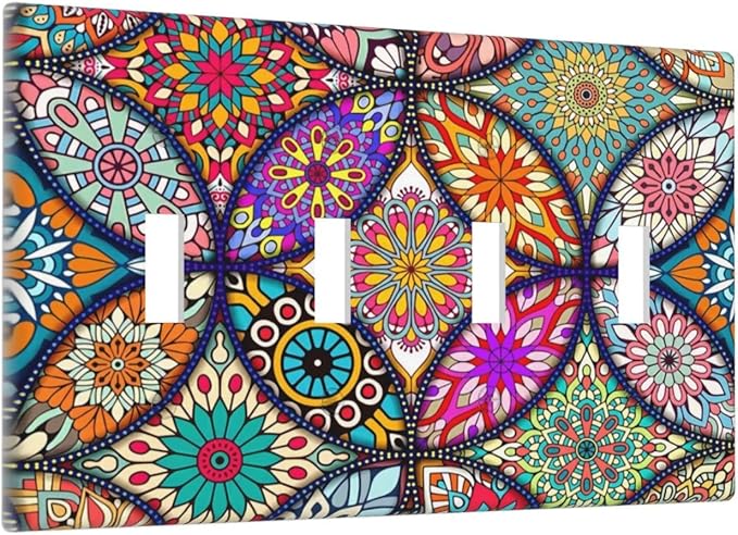 Bohemian Quad Toggle Light Switch Cover Decorative 4 Gang Switch Plates Cover colorful Vintage Floral Mandala Flower for Bathroom Home Living Room Decor 8 X 4.5 In