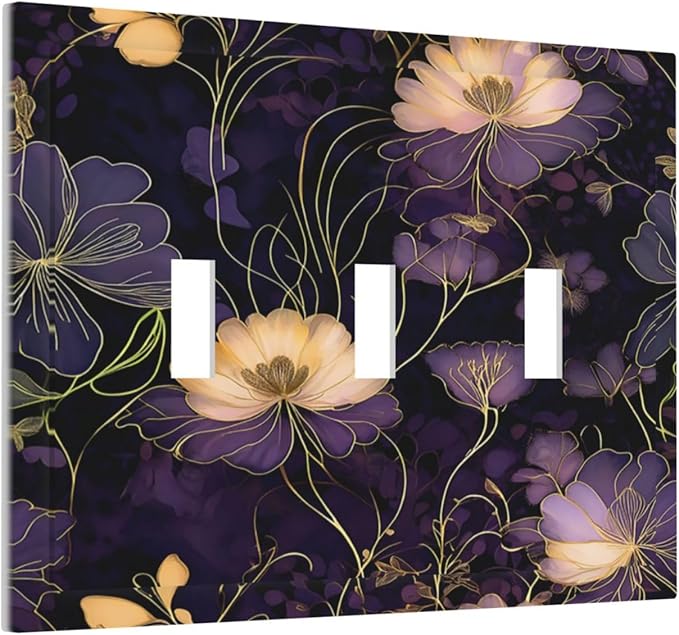 Modern Boho Vintage Gold Purple Dark Floral Modern Abstract Flowers Decorative Switch Plates 3 Gang Wall Plate Faceplate Electrical Wall Panels Triple Toggle Light Switch Cover for Bedroom Living Room