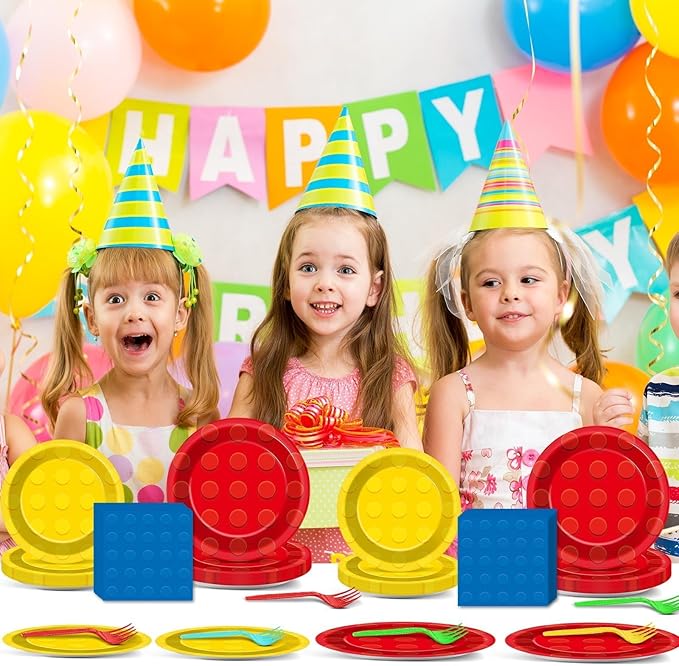 96Pcs Building Block Plates and Napkins Birthday Party Supplies Bricks Paper Dessert Plates Forks Building Block Tableware Set Disposable for 24 Guests Kids Boys Birthday Baby shower Party Decorations