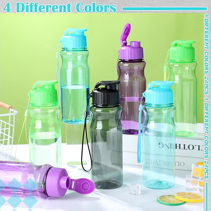 Ziliny 24 Pcs 17 oz Plastic Water Bottles Bulk Large Reusable Leak Proof Flip Top Sports Gym Water Bottles with Handle Strap for Kids and Adults for Summer School Travel