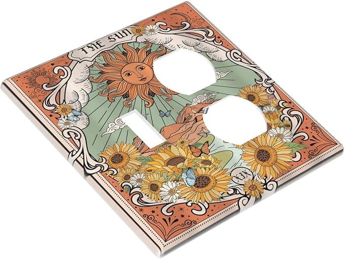 Boho Retro Sun Sunflower Vintage Flower Butterfly Wallplates 1 Toggle 1 Duplex Switch Plate Electrical GFCI Faceplate Decorative Light Switch Covers for Farmhouse Home Decor