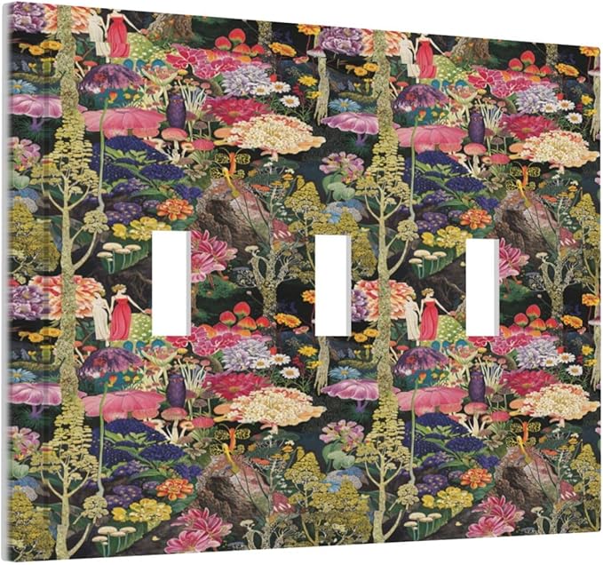 Dreamy Tropical Rainforest Colorful Mushroom Wildflower Decorative Switch Plates 3 Gang Wall Plate Triple Toggle Light Switch Cover Faceplate Electrical Wall Panels for Farmhouse Kids Room Decor