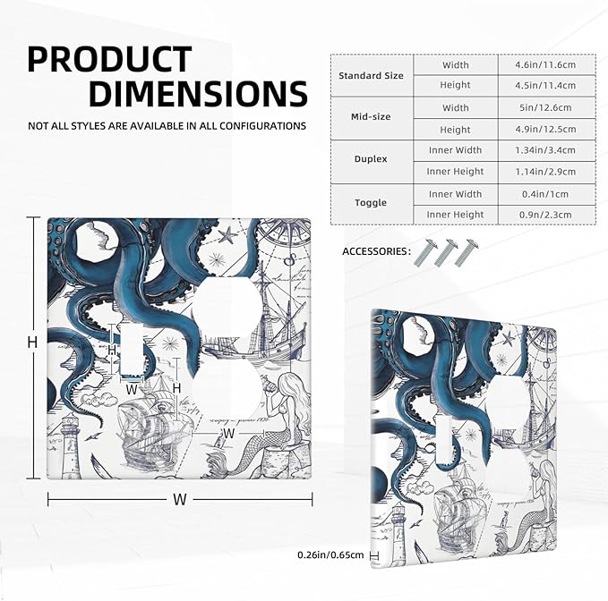 Nautical Vintage Map Octopus Mermaid Lighthouse Boat Wallplates 1 Toggle 1 Duplex Switch Plate Electrical GFCI Faceplate Decorative Light Switch Covers for Bathroom Kids Room Decor