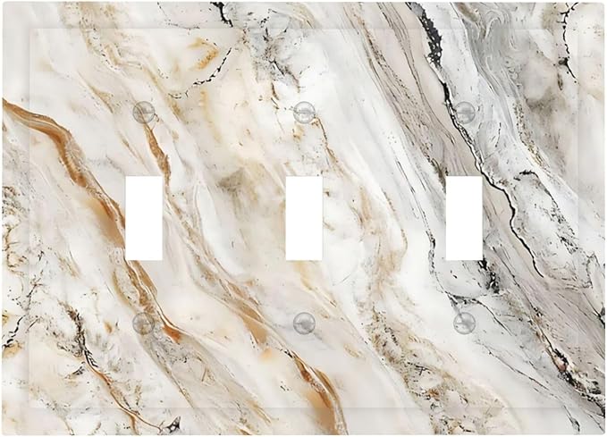 Matte Beige Gold Marble Granite Abstract Print Decorative Switch Plates 3 Gang Wall Plate Triple Toggle Light Switch Cover Faceplate Electrical Wall Panels for Bathroom Kitchen Decor