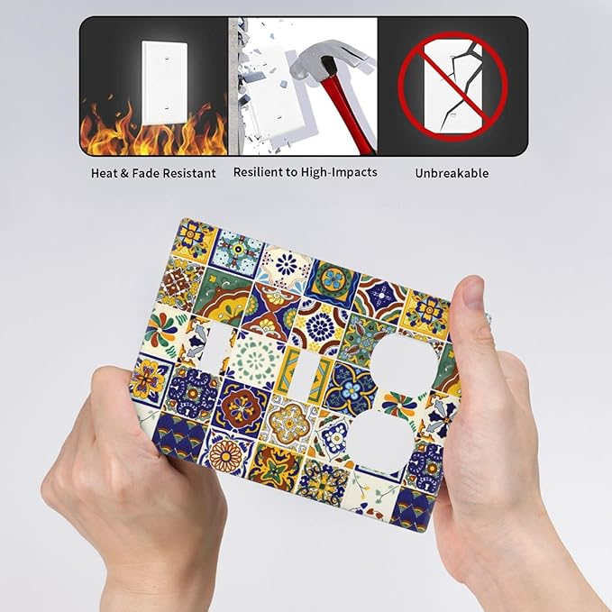 Yellow Mexican Moroccan Sun Tile 3-Gang 2-Toggle 1-Duplex Receptacle Combination Light Switch Decorative Triple Combo Device Switches/Rocker Outlet Covers and Wall Plate