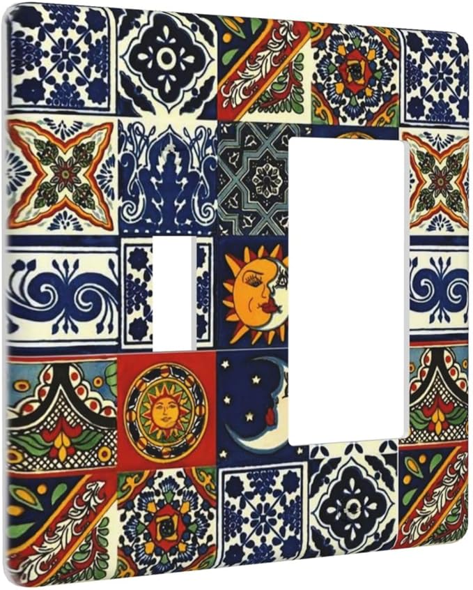 Boho Moroccan Mandala Mexican Tiles 2 Gang Single Toggle/Decorator Combination Light Switch Cover Decorative Combo 1-Toggle/1-GFCI/Rocker Wall Plate Cover