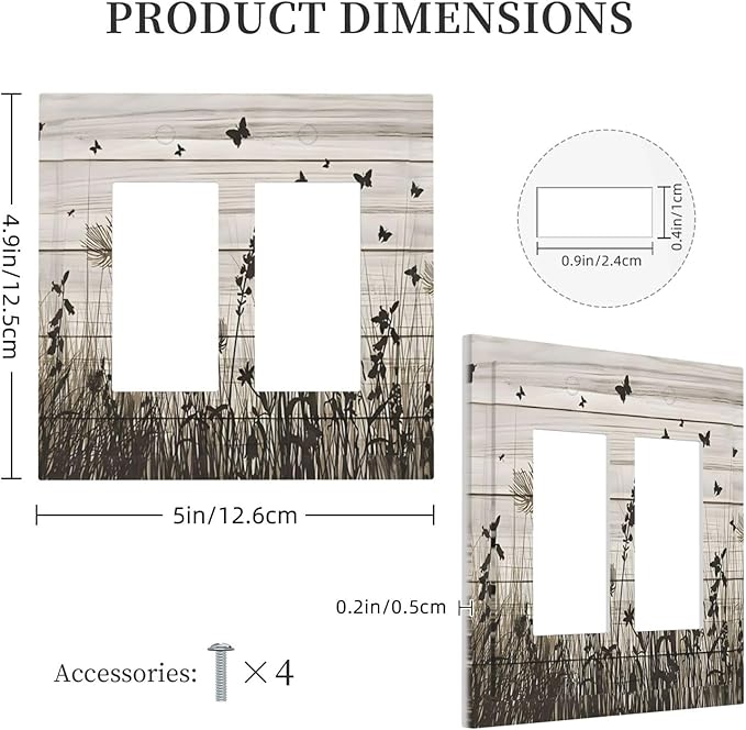 Wildflower Butterfly Grass Dandelion Vintage Wooden Print Decorative Outlet Covers 2 Gang Double GFCI Rocker Electrical Wall Panels Light Switch Cover Plate for Farmhouse Home Decor