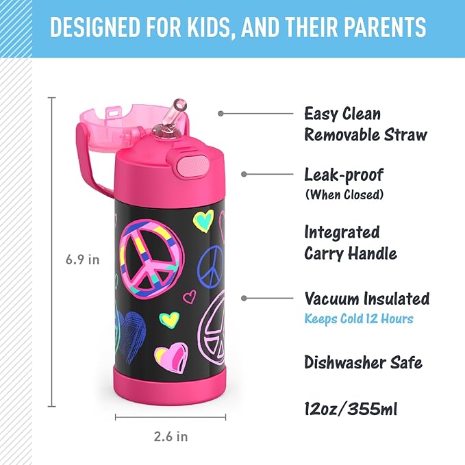 THERMOS FUNTAINER Water Bottle with Straw - 12 Ounce - Kids Stainless Steel Vacuum Insulated Water Bottle with Lid, Peace