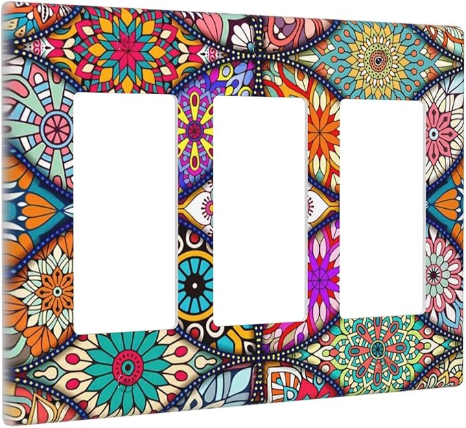 Bohemian Triple Rocker Light Switch Plate Covers Decorative Gifi Lightswitch Faceplate colorful Vintage Floral Mandala Flower 3 Gang Decora Wall Plate for Bathroom Kitchen 6.38" X 4.9"