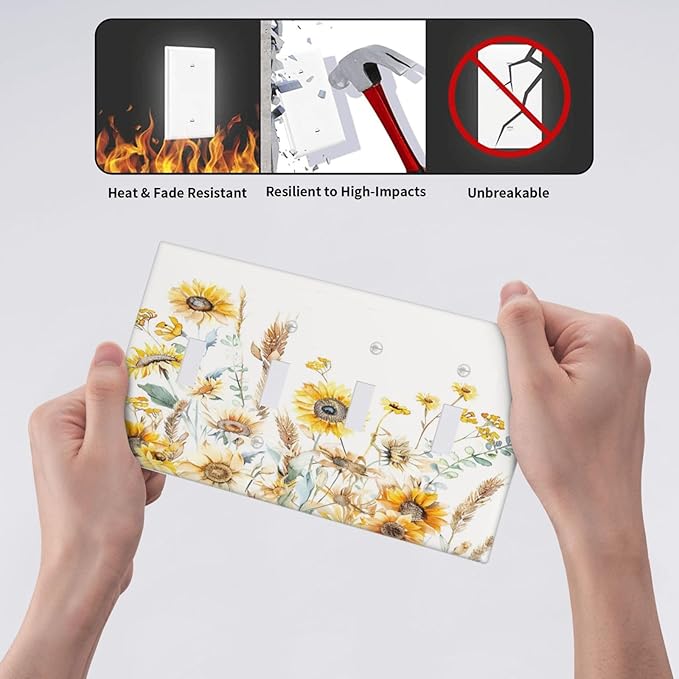 Yellow Floral Sunflowers Wheat Ears Watercolor Wild Flowers Light Switch Covers Quad Toggle Electrical Faceplate 4 Gang Wall Plate Decorative Switch Plates Cover for Bedroom Living Room Decor