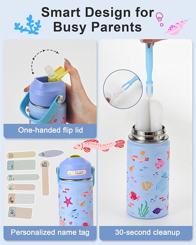 Kids Water Bottle 14oz with Silicone Straw Lid - Insulated Toddler Water Bottle Stainless Steel Keeps Cold 24H, Leak Proof & Ocean Animal Prints Design | Custom Name Tag for School, Daycare, Travel