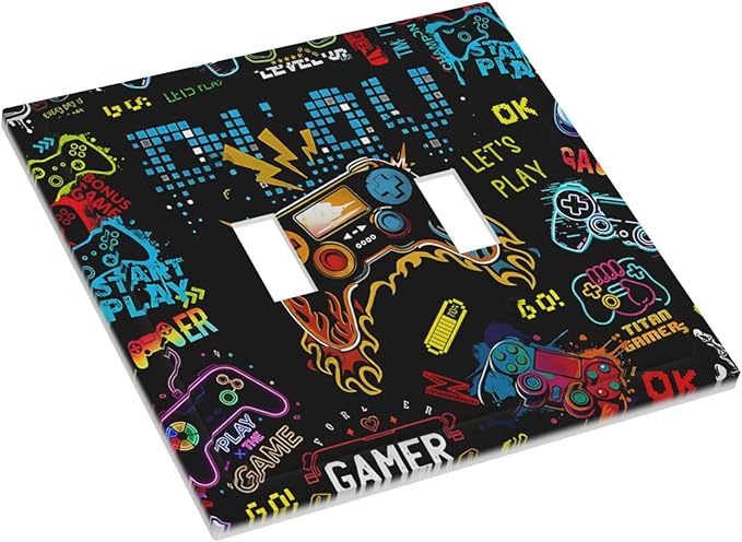 Gamer Video Game Themed Cool Controller Print Decorative Switch Plates 2 Gang Double Toggle Outlet Light Switch Cover Wall Plate Electrical Faceplate for Kids Room Office Decor