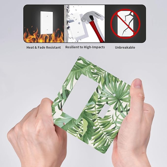 2 Gang Combination 1-Toggle 1-Rocker GFCI/Decorator Outlet Light Switch Cover Green Summer Tropical Forest Banana Palm Tree Leaf Plant Nature Decorative Combo Two Dual Device Receptacle Wall Plate