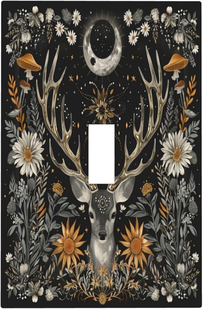 Light Switch Cover Plate Vintage Deer Flowers Moon Natural Plants Floral 1 Gang Single Toggle Decorative Switch Plates Wall Plates Electrical Faceplate for Bathroom Bedroom Decor